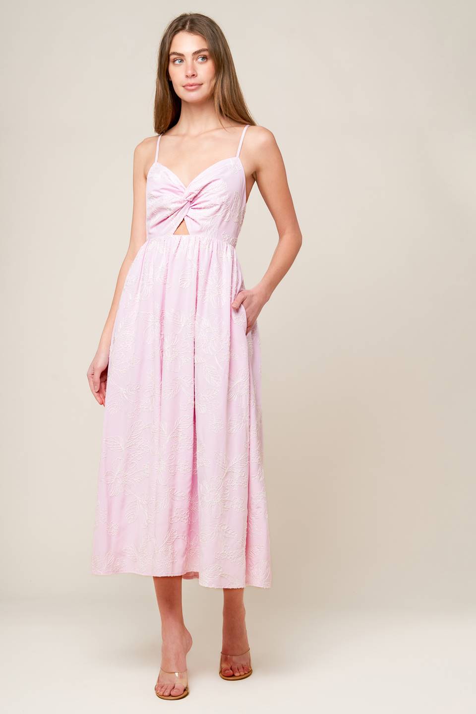 ALONG THE SHORE PINK WOVEN MIDI DRESS Flying Tomato